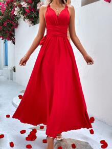 Chiquease Solid Criss Cross Tie Backless Cami Dress - Red - View 3