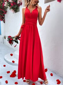 Chiquease Solid Criss Cross Tie Backless Cami Dress - Red - View 4