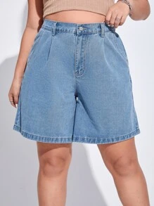 SHEIN EZwear 大碼高腰拼接細節闊腿牛仔短褲 - 淺色水洗藍 - 查看 4