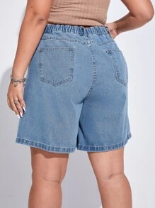 SHEIN EZwear 大碼高腰拼接細節闊腿牛仔短褲 - 淺色水洗藍 - 查看 2
