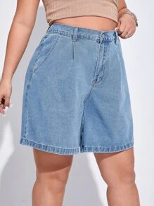 SHEIN EZwear 大碼高腰拼接細節闊腿牛仔短褲 - 淺色水洗藍 - 查看 1