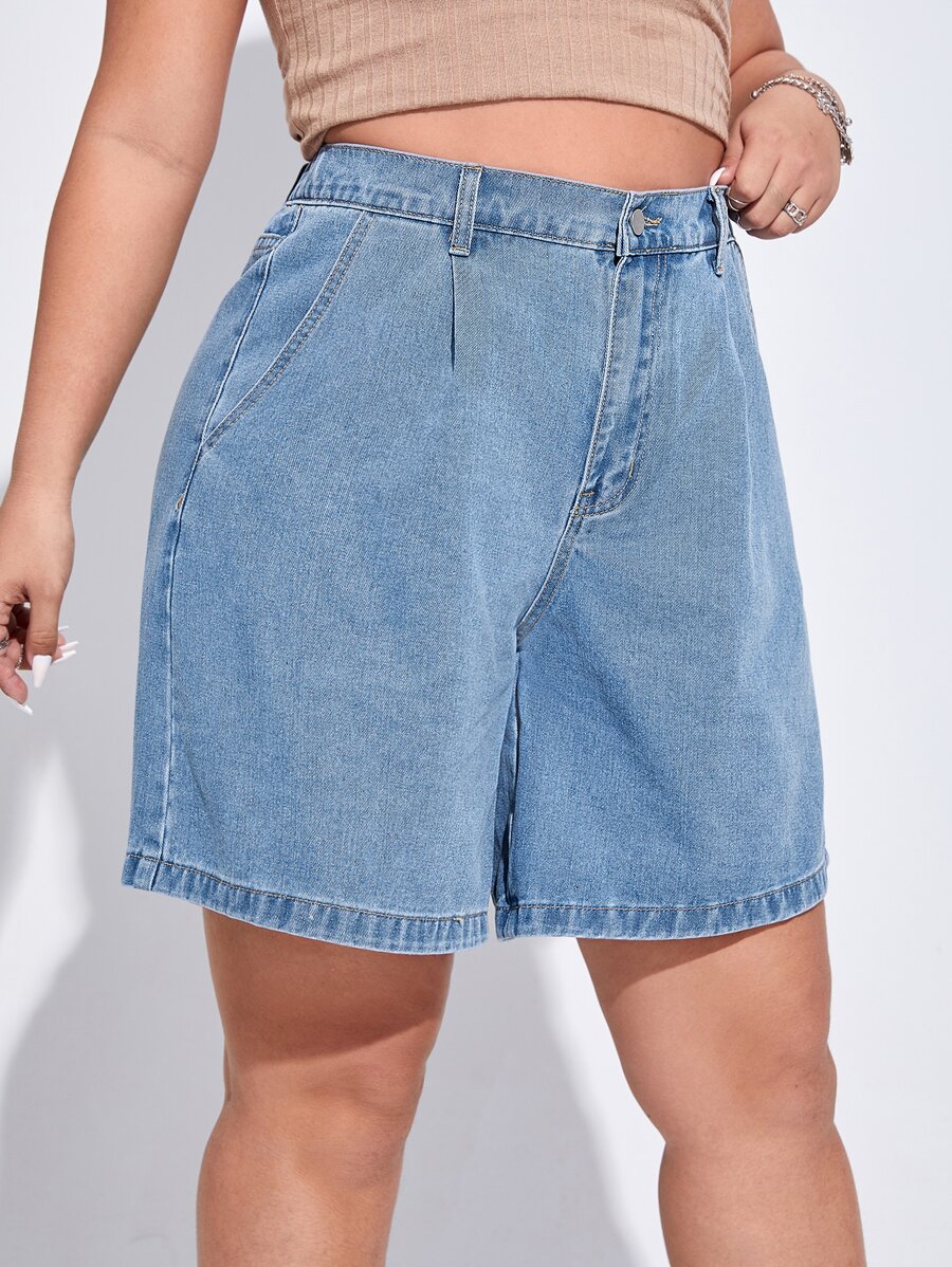 SHEIN EZwear 大碼高腰拼接細節闊腿牛仔短褲 - 淺色水洗藍 - 查看 1