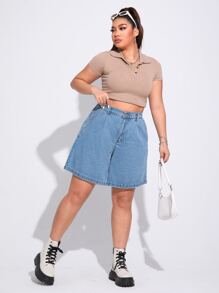 SHEIN EZwear 大碼高腰拼接細節闊腿牛仔短褲 - 淺色水洗藍 - 查看 6