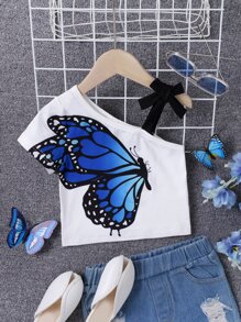 Toddler Girls Butterfly Print Asymmetrical Neck Knot Shoulder Tee - White - View 1