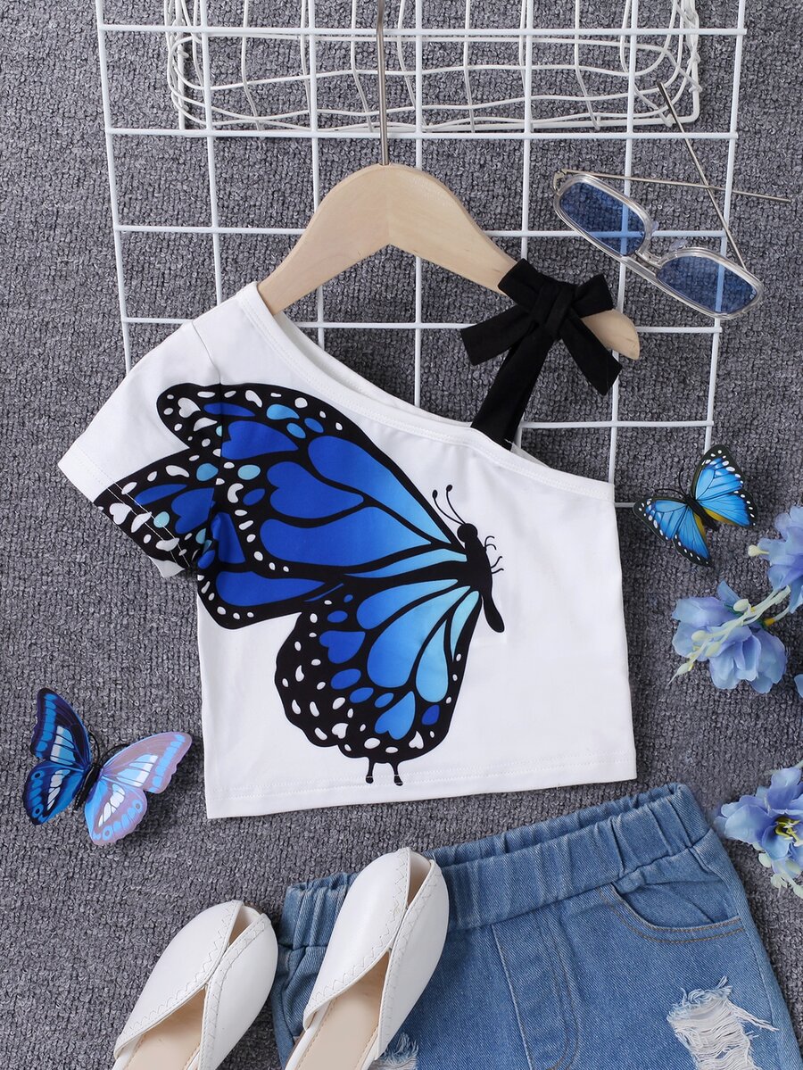 Toddler Girls Butterfly Print Asymmetrical Neck Knot Shoulder Tee - White - View 1