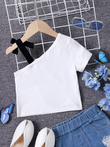 Toddler Girls Butterfly Print Asymmetrical Neck Knot Shoulder Tee - White - View 2