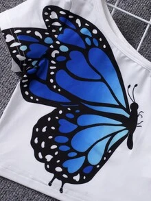Toddler Girls Butterfly Print Asymmetrical Neck Knot Shoulder Tee - White - View 3