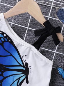 Toddler Girls Butterfly Print Asymmetrical Neck Knot Shoulder Tee - White - View 4