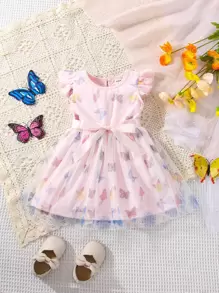 嬰兒蝴蝶圖案荷葉邊網紗拼接下擺連衣裙 - 淺粉色 - 查看 1