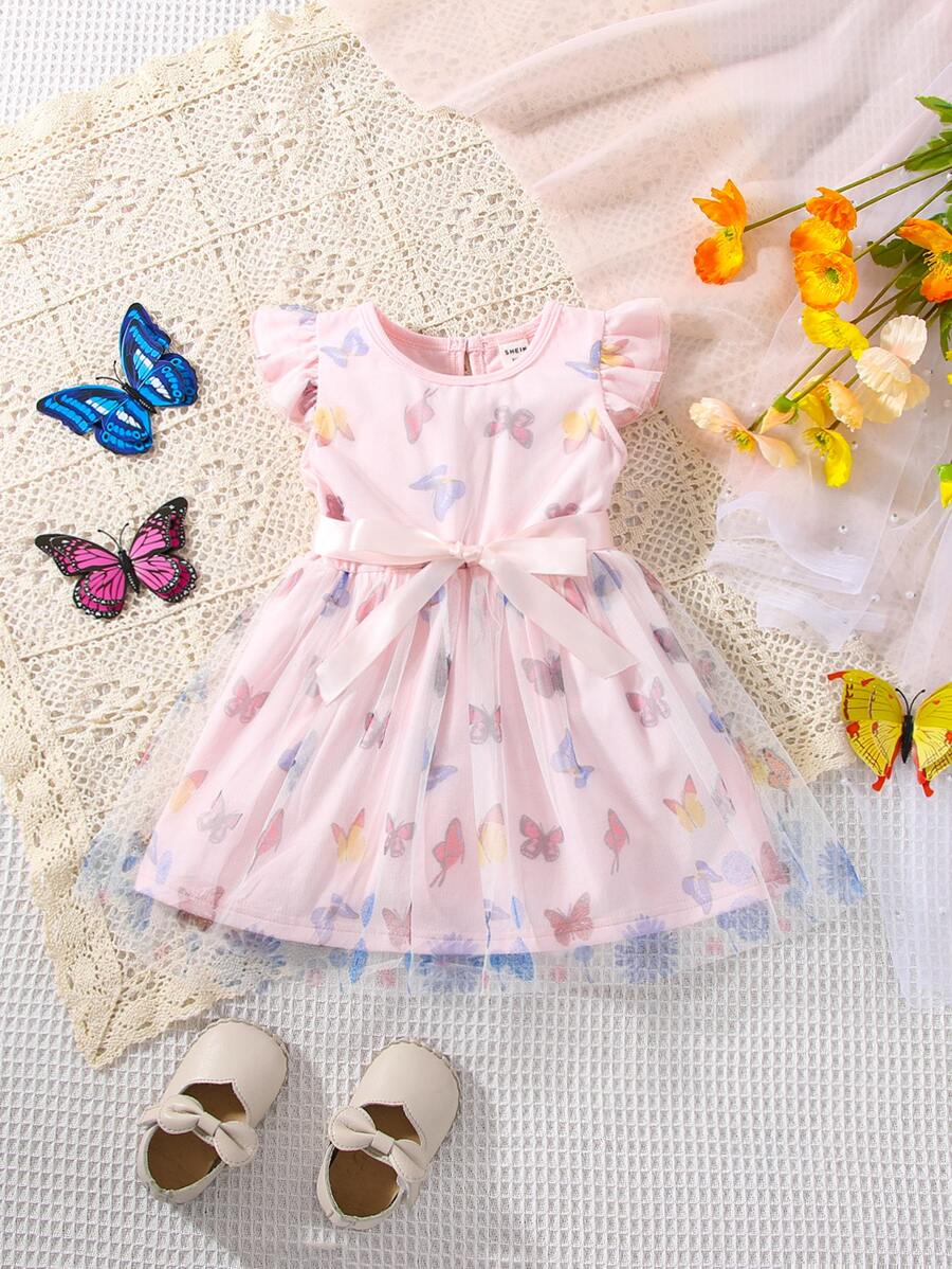 嬰兒蝴蝶圖案荷葉邊網紗拼接下擺連衣裙 - 淺粉色 - 查看 1
