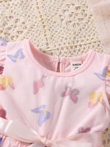 嬰兒蝴蝶圖案荷葉邊網紗拼接下擺連衣裙 - 淺粉色 - 查看 3