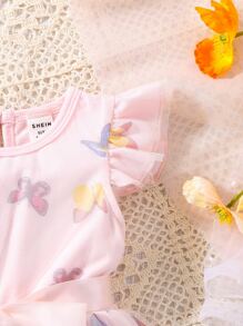 嬰兒蝴蝶圖案荷葉邊網紗拼接下擺連衣裙 - 淺粉色 - 查看 4