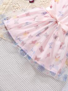 嬰兒蝴蝶圖案荷葉邊網紗拼接下擺連衣裙 - 淺粉色 - 查看 5