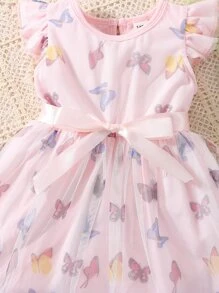 嬰兒蝴蝶圖案荷葉邊網紗拼接下擺連衣裙 - 淺粉色 - 查看 6