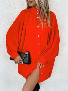 SHEIN Unity Mock Neck Batwing Sleeve Button Front Shirt Dress - Red - View 1