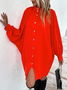 SHEIN Unity Mock Neck Batwing Sleeve Button Front Shirt Dress - Red - View 5