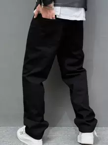 Manfinity EMRG 男士寬鬆牛仔褲，帶有字母圖形，宽松长款洗边黑色工装直筒休閒牛仔褲，适合外出和摇滚聚会 - 黑色 - 查看 2