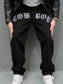 Manfinity EMRG 男士寬鬆牛仔褲，帶有字母圖形，宽松长款洗边黑色工装直筒休閒牛仔褲，适合外出和摇滚聚会 - 黑色 - 查看 3