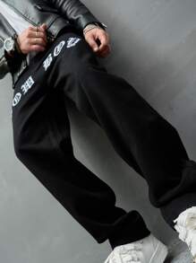 Manfinity EMRG 男士寬鬆牛仔褲，帶有字母圖形，宽松长款洗边黑色工装直筒休閒牛仔褲，适合外出和摇滚聚会 - 黑色 - 查看 4