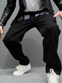 Manfinity EMRG 男士寬鬆牛仔褲，帶有字母圖形，宽松长款洗边黑色工装直筒休閒牛仔褲，适合外出和摇滚聚会 - 黑色 - 查看 5