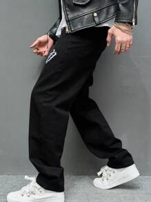 Manfinity EMRG 男士寬鬆牛仔褲，帶有字母圖形，宽松长款洗边黑色工装直筒休閒牛仔褲，适合外出和摇滚聚会 - 黑色 - 查看 6