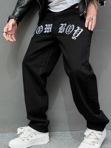 Manfinity EMRG 男士寬鬆牛仔褲，帶有字母圖形，宽松长款洗边黑色工装直筒休閒牛仔褲，适合外出和摇滚聚会 - 黑色 - 查看 7