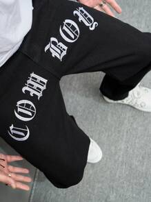 Manfinity EMRG 男士寬鬆牛仔褲，帶有字母圖形，宽松长款洗边黑色工装直筒休閒牛仔褲，适合外出和摇滚聚会 - 黑色 - 查看 8