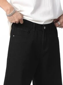 Manfinity Men's Casual Solid Color Slant Pocket Straight Leg Jeans - Black - View 3