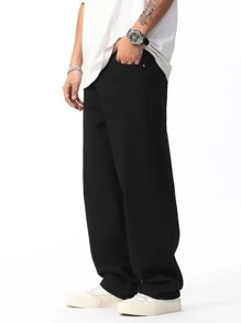 Manfinity Men's Casual Solid Color Slant Pocket Straight Leg Jeans - Black - View 6