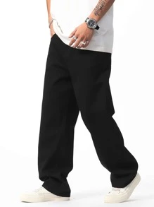 Manfinity Men's Casual Solid Color Slant Pocket Straight Leg Jeans - Black - View 7