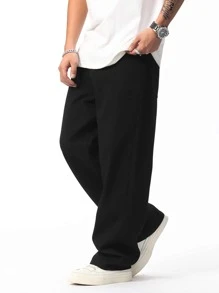 Manfinity Men's Casual Solid Color Slant Pocket Straight Leg Jeans - Black - View 8