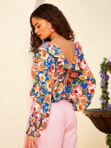 SHEIN VCAY Floral Print Ruffle Trim Flounce Sleeve Peplum Blouse - Multicolor - View 2