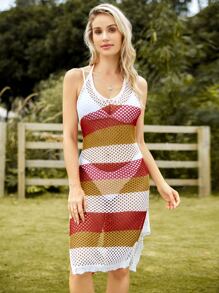 Color Block Hollow Out Cover Up Dress Without Bikini - Multicolor - View 3