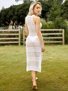 Halterneck Split Thigh Open Knit Cover Up Dress Without Bikini - White - View 4
