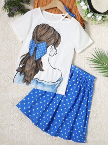 女孩人像圖案蝴蝶結不對稱領T恤和波卡圓點半身裙 - 藍白色 - 查看 1