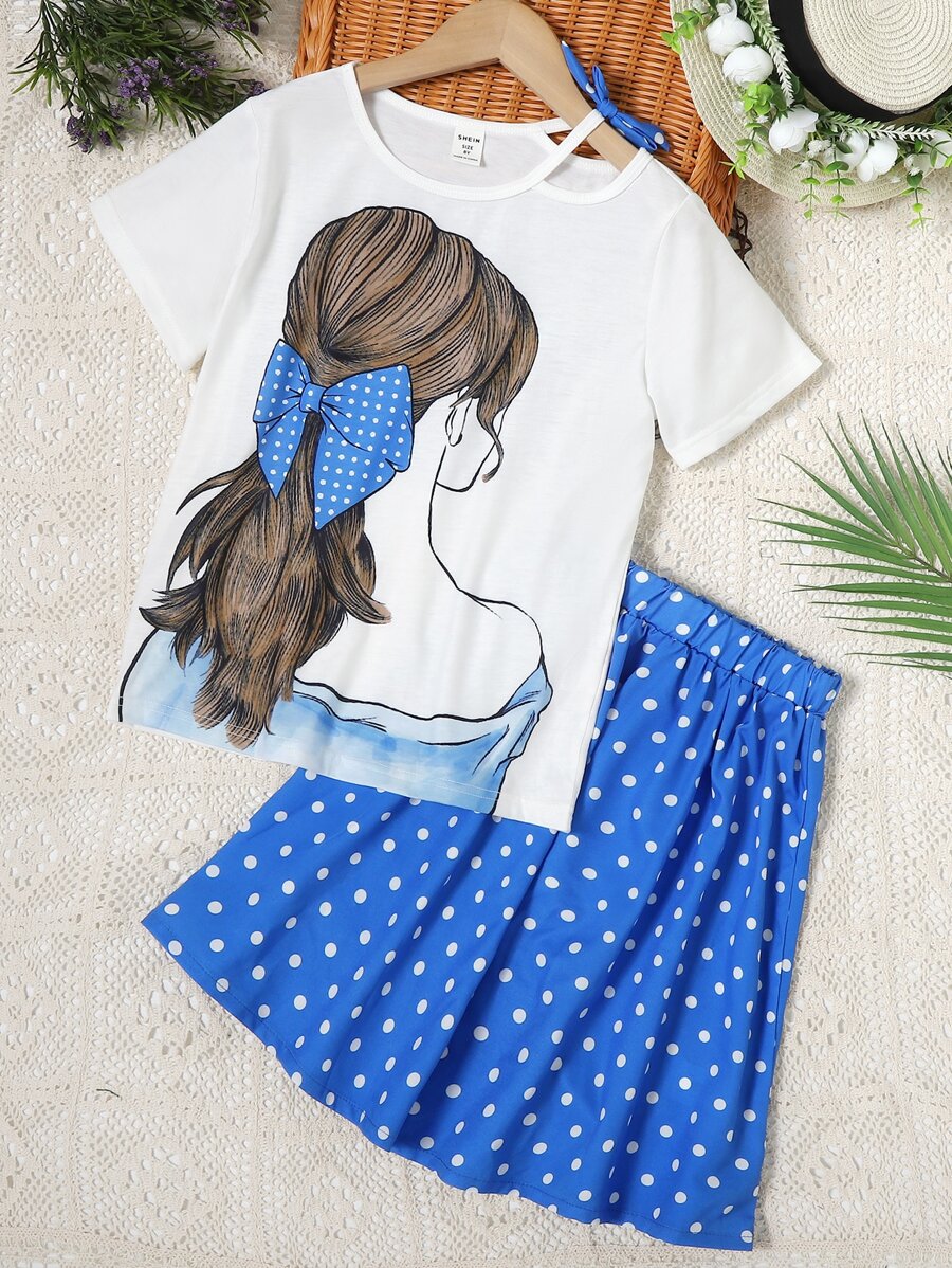 女孩人像圖案蝴蝶結不對稱領T恤和波卡圓點半身裙 - 藍白色 - 查看 1