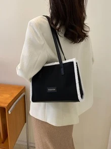 毛絨柔軟毛絨大容量蓬鬆飾邊貼片細節方包適合女生女大學生菜鳥白領上班辦公通勤秋冬保暖戶外 - 黑色 - 查看 2