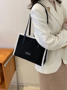 毛絨柔軟毛絨大容量蓬鬆飾邊貼片細節方包適合女生女大學生菜鳥白領上班辦公通勤秋冬保暖戶外 - 黑色 - 查看 5
