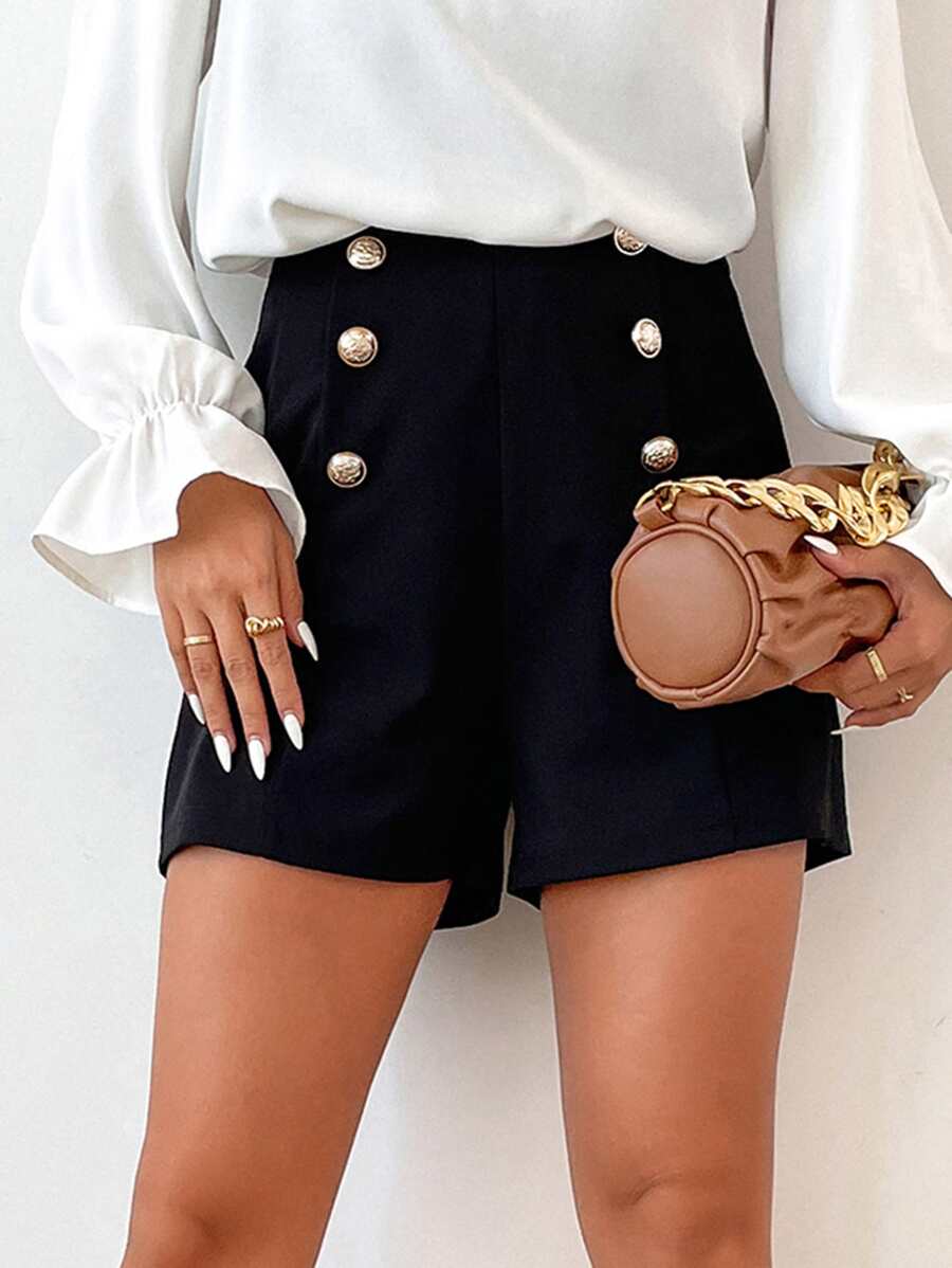 Ladies' Buttoned Straight-Cut Elegant High-Waisted Solid-Colored Shorts - Black - View 1