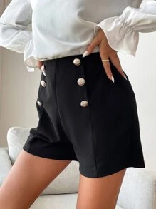 Ladies' Buttoned Straight-Cut Elegant High-Waisted Solid-Colored Shorts - Black - View 3