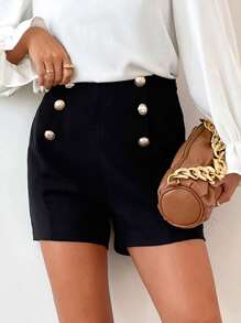 Ladies' Buttoned Straight-Cut Elegant High-Waisted Solid-Colored Shorts - Black - View 4