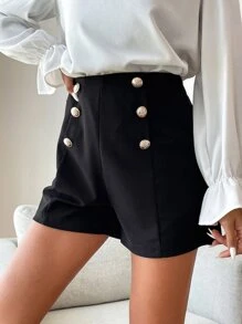 Ladies' Buttoned Straight-Cut Elegant High-Waisted Solid-Colored Shorts - Black - View 6