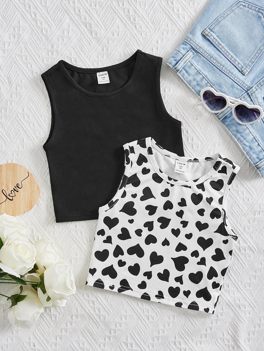 SHEIN 小女童2入組愛心圖案背心上衣 - 黑與白 - 查看 1