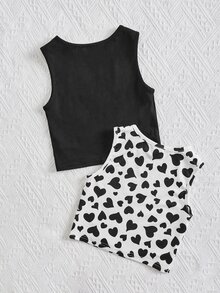 SHEIN 小女童2入組愛心圖案背心上衣 - 黑與白 - 查看 2