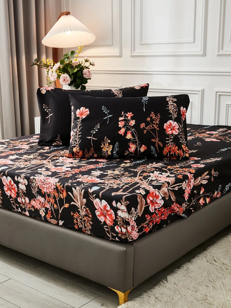 3pcs Floral Print Fitted Sheet Set Without Filler - Multicolor - View 1