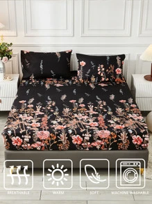3pcs Floral Print Fitted Sheet Set Without Filler - Multicolor - View 3