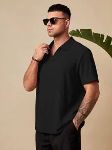 EASEVO Hombres Camisa polo unicolor tejido de canalé - Negro - Ver 4