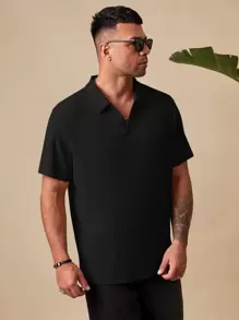 EASEVO Hombres Camisa polo unicolor tejido de canalé - Negro - Ver 5