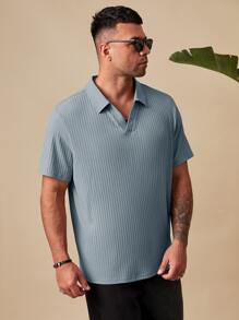 Manfinity VCAY Men Plus Solid Ribbed Knit Polo Shirt - Dusty Blue - View 3