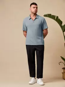 Manfinity VCAY Men Plus Solid Ribbed Knit Polo Shirt - Dusty Blue - View 4